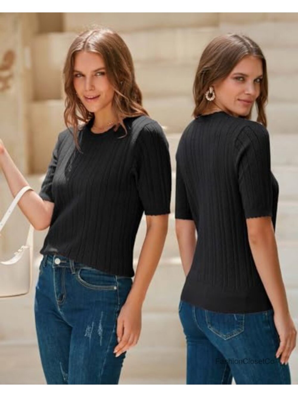 Women's Scalloped Short Sleeve Knit Sweater Pullover Crew Neck Textured - Picture 2 of 6
